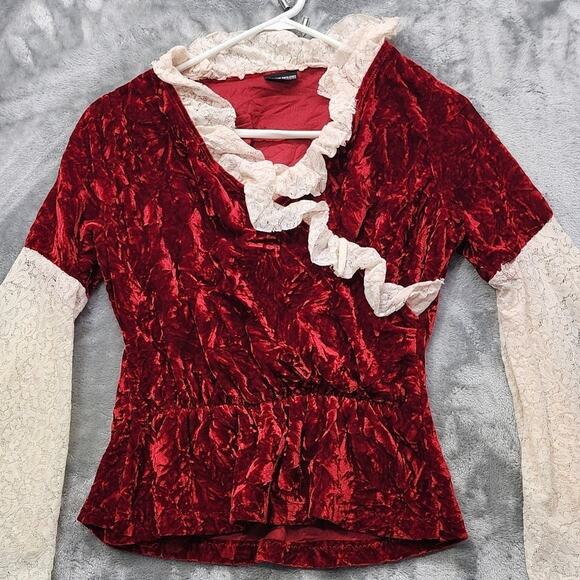 Vintage NTCO Nomadic Traders Top Womens S Red Cream Velvet Lace Bell Sleeves - Picture 3 of 11